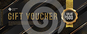 Gift voucher template with glitter gold elements. Design for invitation, certificate, gift coupon, ticket, voucher, diploma etc